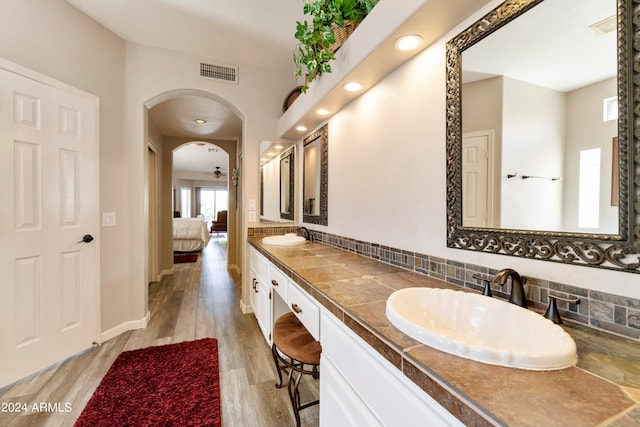 bathroom with tasteful backsplash, dual vanity, and wood-type flooring