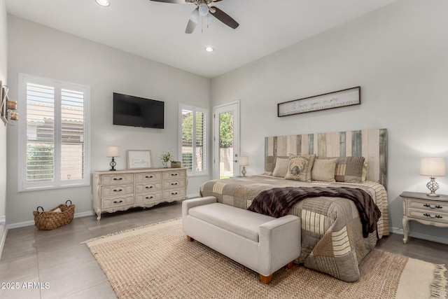 1884 E Stephens Dr, Tempe, AZ 85283 - bedroom featuring access to outside, baseboards, recessed lighting, ceiling fan, and tile patterned flooring