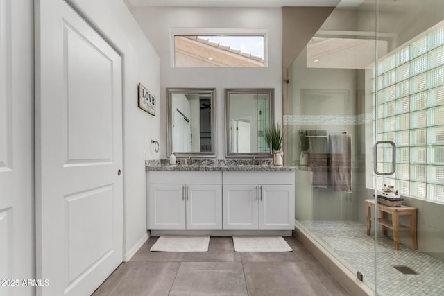 1884 E Stephens Dr, Tempe, AZ 85283 - bathroom featuring double vanity, a shower stall, and tile patterned floors