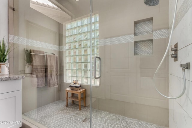 1884 E Stephens Dr, Tempe, AZ 85283 - full bathroom with tiled shower, vanity, tile walls, and tile patterned floors