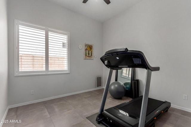 1884 E Stephens Dr, Tempe, AZ 85283 - exercise area with ceiling fan, plenty of natural light, baseboards, and tile patterned floors