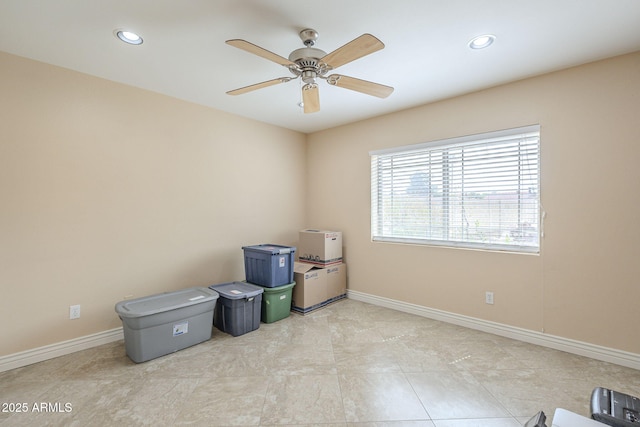 spare room with recessed lighting, ceiling fan, and baseboards