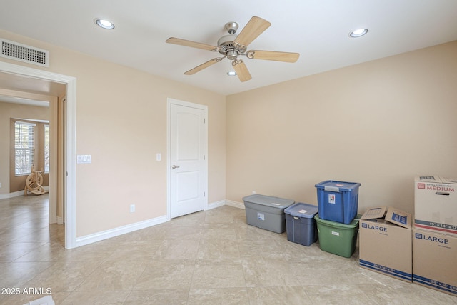 interior space with recessed lighting, visible vents, ceiling fan, and baseboards