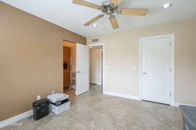 unfurnished bedroom featuring baseboards, visible vents, a ceiling fan, and recessed lighting