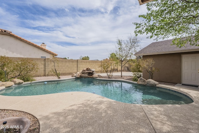 view of pool featuring a patio, a fenced backyard, and a fenced in pool