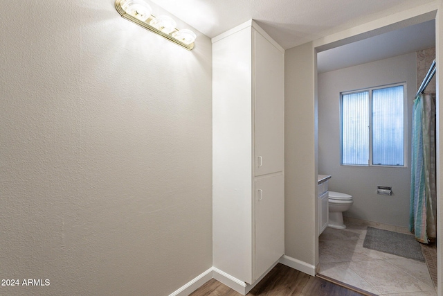 bathroom with wood-type flooring, vanity, and toilet