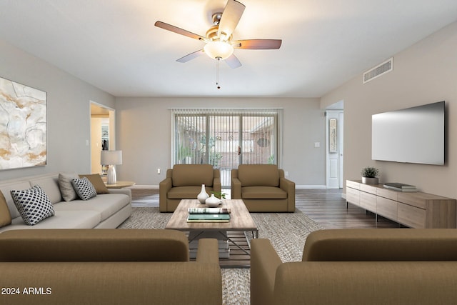 living room featuring hardwood / wood-style floors and ceiling fan