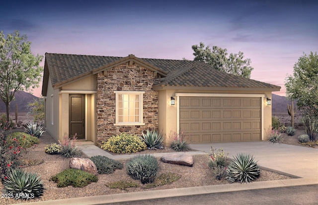 21292 N 270th Dr, Buckeye, AZ 85396 - view of front facade with stone siding, stucco siding, concrete driveway, and a tiled roof
