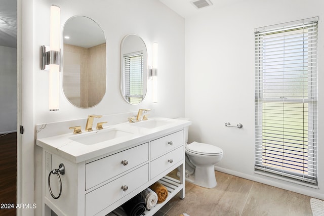 bathroom with wood-type flooring, vanity, and toilet