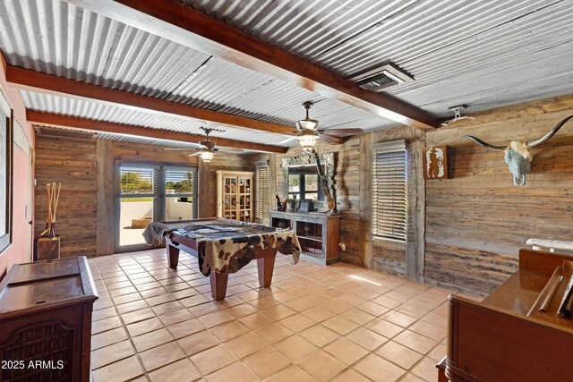 21230 S 156th St, Gilbert, AZ 85298 - rec room featuring wood walls, pool table, light tile patterned flooring, ceiling fan, and beamed ceiling