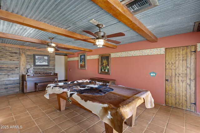 21230 S 156th St, Gilbert, AZ 85298 - rec room with beamed ceiling, pool table, ceiling fan, tile patterned floors, and wood walls