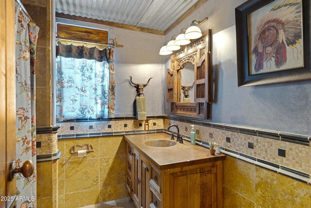 21230 S 156th St, Gilbert, AZ 85298 - full bath featuring vanity, tile walls, and a shower with shower curtain