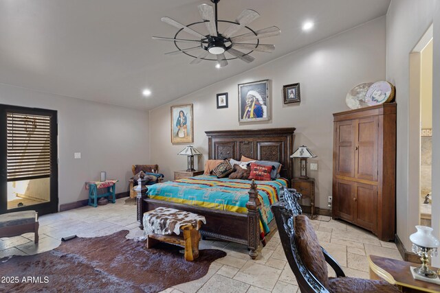 21230 S 156th St, Gilbert, AZ 85298 - bedroom with stone tile flooring, vaulted ceiling, recessed lighting, baseboards, and ceiling fan