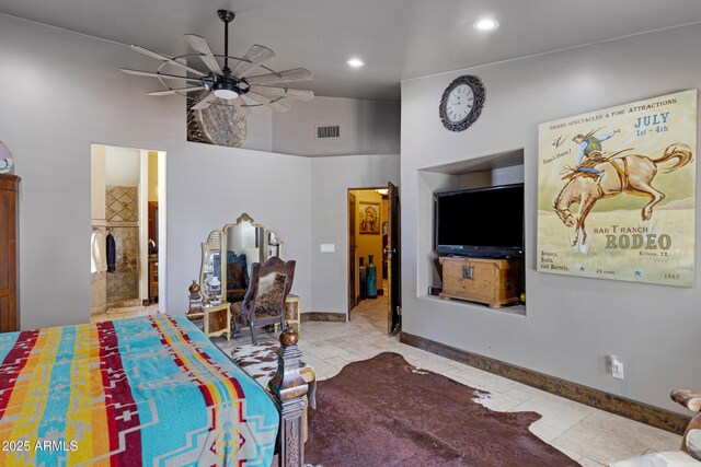 21230 S 156th St, Gilbert, AZ 85298 - tiled bedroom with baseboards, recessed lighting, a high ceiling, and ceiling fan