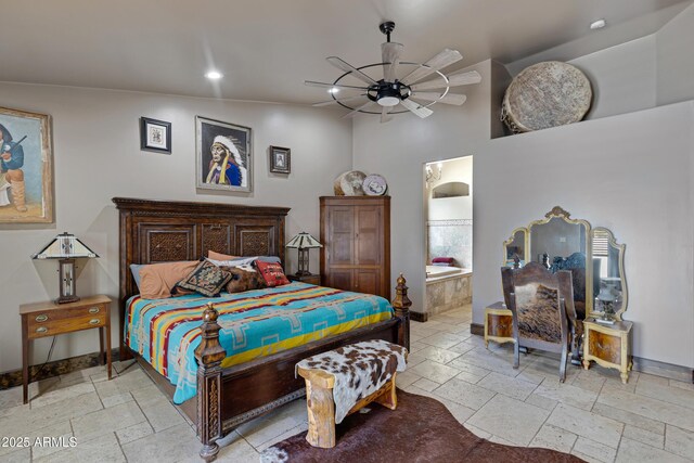 21230 S 156th St, Gilbert, AZ 85298 - bedroom featuring stone tile flooring, recessed lighting, baseboards, and a ceiling fan