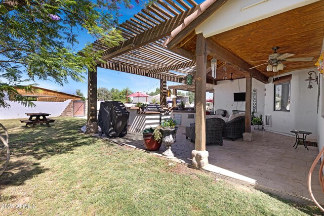 21230 S 156th St, Gilbert, AZ 85298 - view of yard with a pergola, ceiling fan, a patio area, and an outdoor hangout area