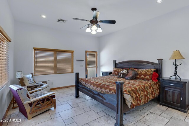 21230 S 156th St, Gilbert, AZ 85298 - bedroom with stone tile flooring, baseboards, recessed lighting, and ceiling fan