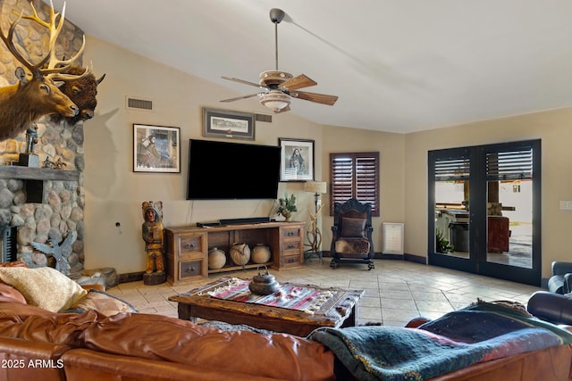 21230 S 156th St, Gilbert, AZ 85298 - tiled living room featuring vaulted ceiling, a ceiling fan, and baseboards