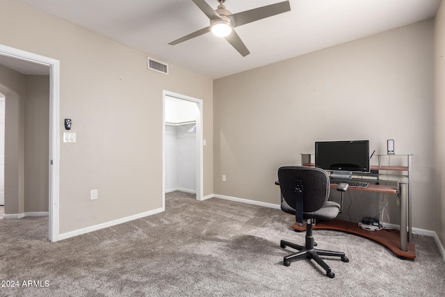 office area featuring ceiling fan and carpet flooring