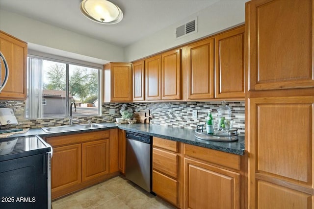 kitchen with range with electric stovetop, light tile patterned flooring, dishwasher, sink, and decorative backsplash