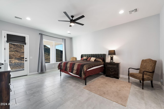 bedroom featuring ceiling fan and access to outside