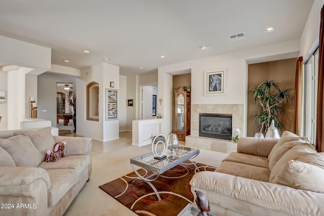 3660 S Golden Eye Ln, Gold Canyon, AZ 85118 - living room with a tiled fireplace, visible vents, recessed lighting, and light carpet