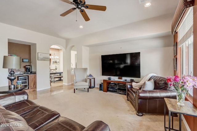 3660 S Golden Eye Ln, Gold Canyon, AZ 85118 - living room with recessed lighting, arched walkways, light colored carpet, and ceiling fan