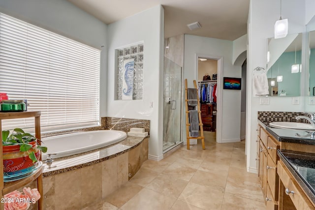 3660 S Golden Eye Ln, Gold Canyon, AZ 85118 - bathroom featuring a stall shower, vanity, a walk in closet, a bath, and visible vents