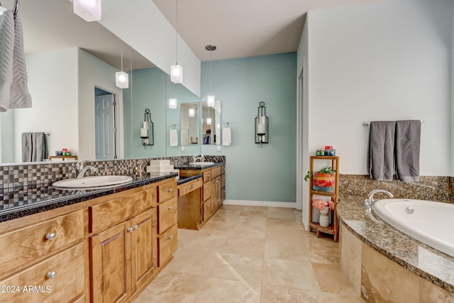 3660 S Golden Eye Ln, Gold Canyon, AZ 85118 - bathroom featuring double vanity, tasteful backsplash, a sink, and a garden tub
