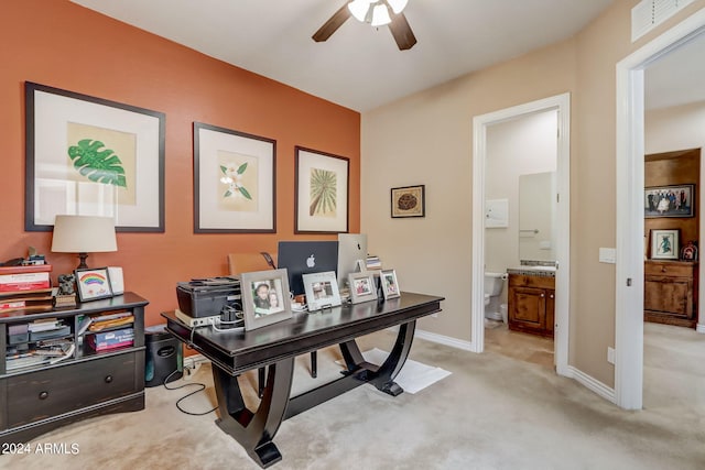 3660 S Golden Eye Ln, Gold Canyon, AZ 85118 - office featuring light carpet, baseboards, visible vents, and ceiling fan