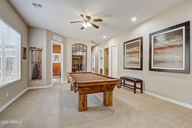 3660 S Golden Eye Ln, Gold Canyon, AZ 85118 - rec room with a ceiling fan, light carpet, baseboards, and visible vents