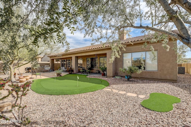 3660 S Golden Eye Ln, Gold Canyon, AZ 85118 - rear view of property featuring a patio, a tile roof, a chimney, and stucco siding
