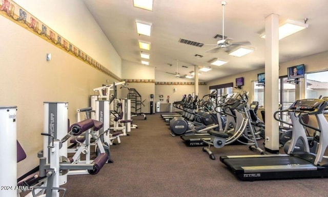 exercise room featuring lofted ceiling and ceiling fan