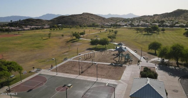 birds eye view of property featuring a mountain view