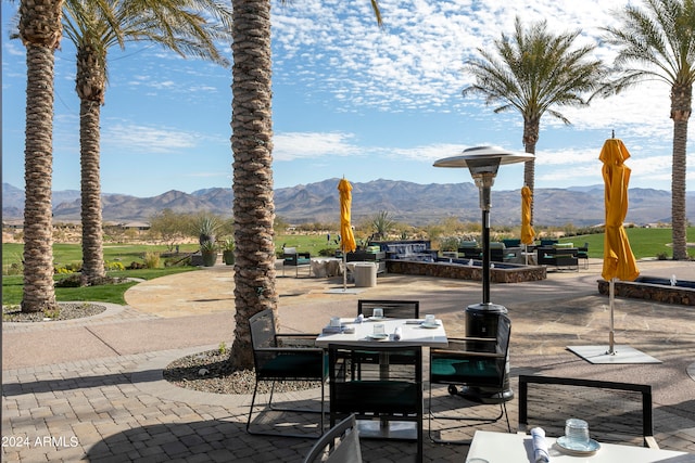 view of terrace with a mountain view