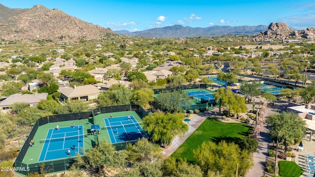 drone / aerial view featuring a mountain view