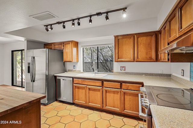 kitchen with rail lighting, sink, stainless steel appliances, and a wealth of natural light