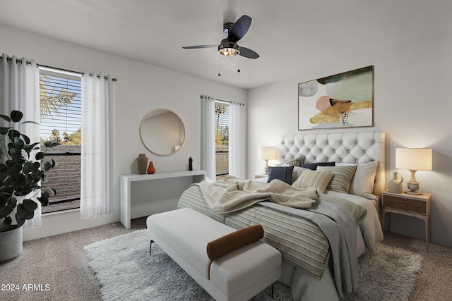 bedroom with multiple windows, ceiling fan, and carpet