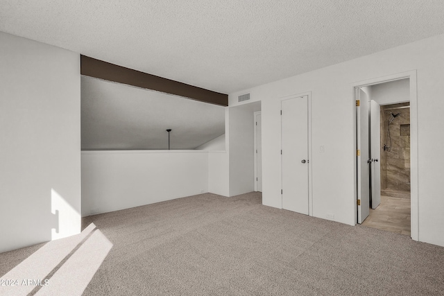 additional living space with light carpet and a textured ceiling