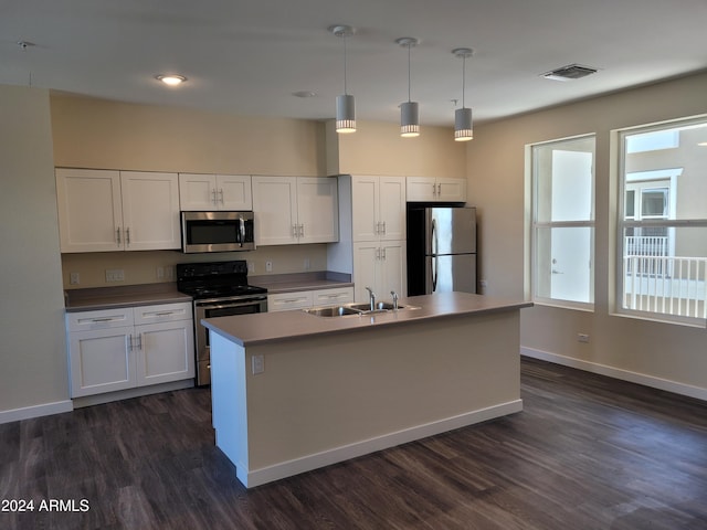 kitchen with visible vents, white cabinets, dark wood-style flooring, stainless steel appliances, and a sink