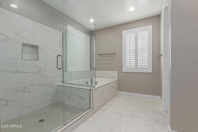 bathroom featuring a garden tub, marble finish floor, recessed lighting, a marble finish shower, and baseboards