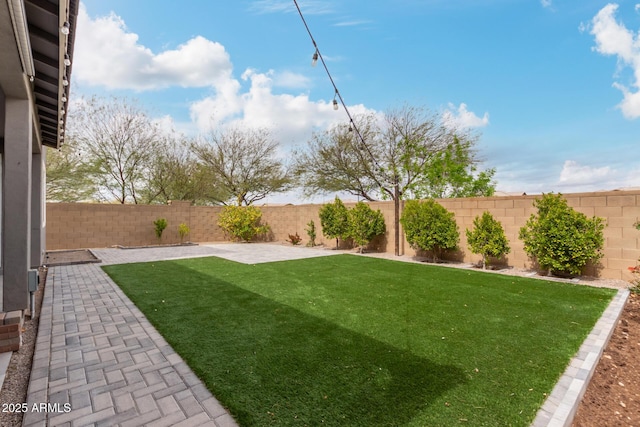 view of yard featuring a patio and a fenced backyard