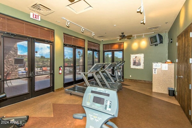 gym with french doors and ceiling fan