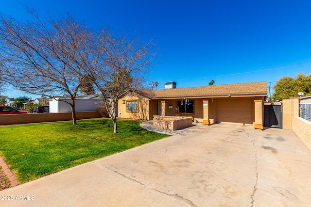 ranch-style house with a garage, a front yard, driveway, and stucco siding