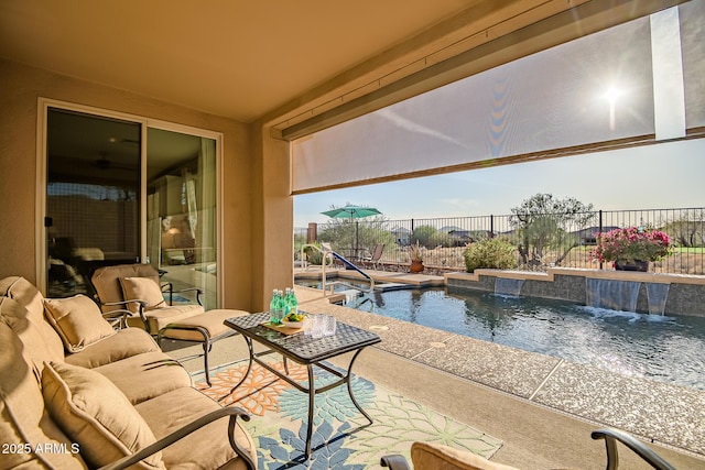 view of pool with a fenced in pool, a patio area, a fenced backyard, and an outdoor hangout area