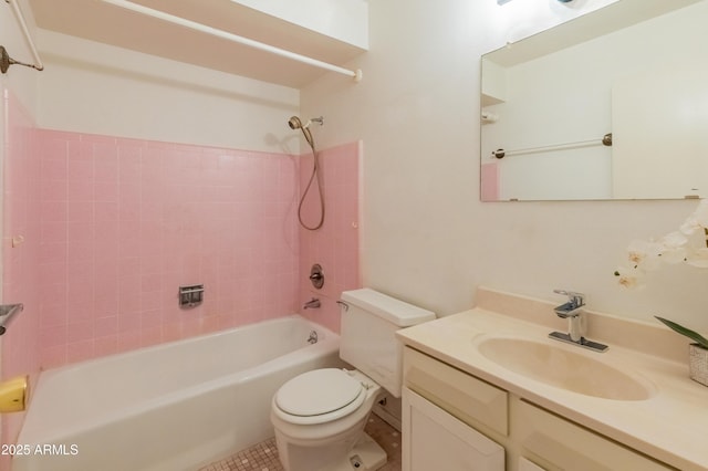 full bath with toilet, shower / tub combination, tile patterned flooring, and vanity