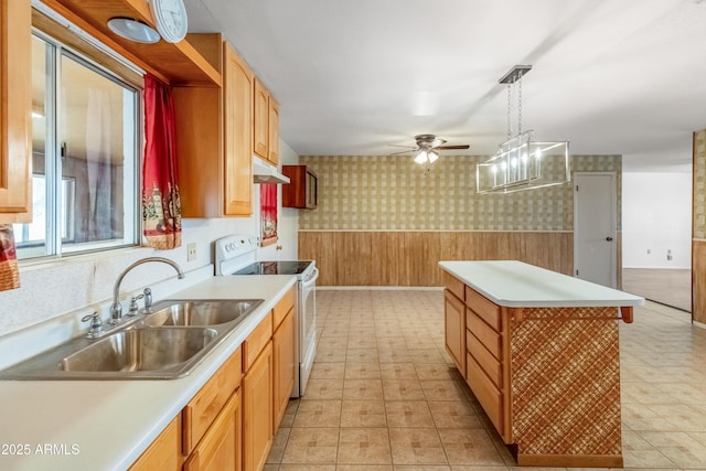 kitchen with a wainscoted wall, white range with electric cooktop, a sink, under cabinet range hood, and wallpapered walls