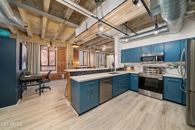 114 W Adams St Unit 202, Phoenix, AZ 85003 - kitchen featuring appliances with stainless steel finishes, blue cabinets, a peninsula, light wood-style floors, and brick wall