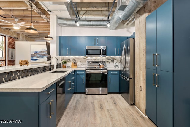 114 W Adams St Unit 202, Phoenix, AZ 85003 - kitchen with stainless steel appliances, blue cabinetry, light wood-style flooring, and a peninsula
