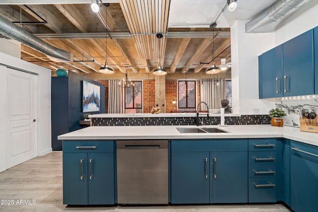 114 W Adams St Unit 202, Phoenix, AZ 85003 - kitchen with stainless steel dishwasher, blue cabinets, and a peninsula